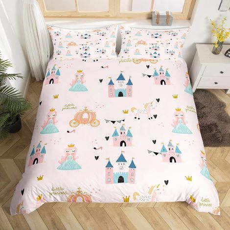 Parure de lit avec housse de couette 135 x 200 cm, motif château de conte de fées, licorne, rose, pour fille et femme - housse de couette avec fermeture éclair - En microfibre douce (1/5)