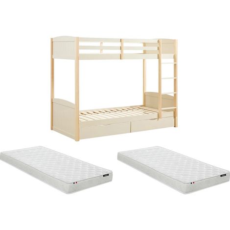 Lits superposés 2 x 90 x 200 cm - 2 tiroirs - Pin et MDF – Beige et naturel + Matelas - LIMODARA (1/5)