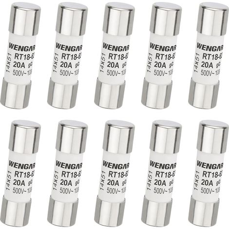 Lot de 10 Fusibles Cylindriques en Céramique 14x51 mm - Type gG (Usage Général) - 20A 500V - Haute Capacité de Rupture 100kA - Protection pour Installations Industrielles et Tertiaires (1/5)