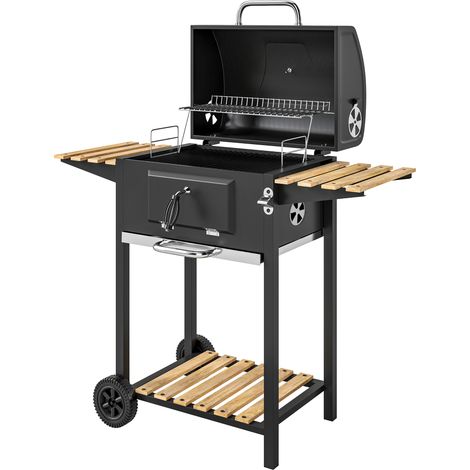 Barbecue charbon de bois bac réglable hauteur chariot étagères thermomètre ouvre-bouteille acier bois noir