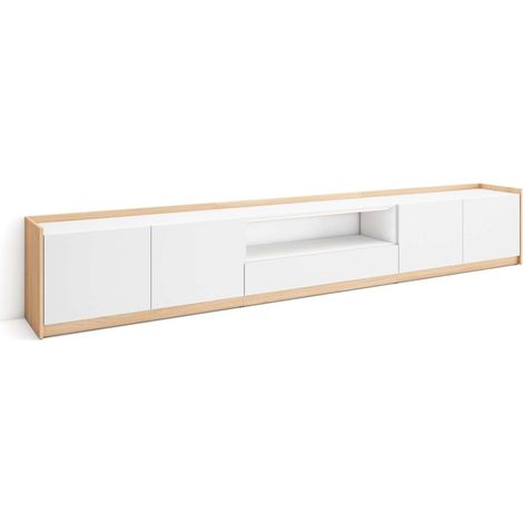 Mueble TV Cerralba-02 de 310x50x37 cm con almacenamiento, color blanco y roble soft (1/4)