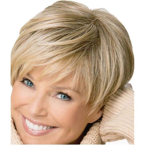 Perruque blonde courte et lisse pour femme, en fibres synthétiques naturelles.