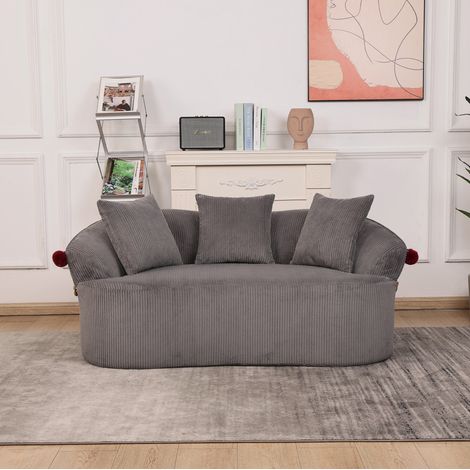 MODFU – Canapé 2 places velours côtelé 104 cm – Design chapeau de clown et pompons – 3 coussins et 1 coussin animal inclus – Salon ou chambre – Gris foncé (1/5)