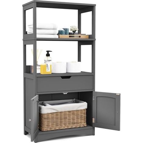 COSTWAY Freistehender Badezimmerschrank, Hochschrank für Bad mit 2 Türen & 3 offenen Regalen & Schublade, moderner Mehrzweckschrank Küchenschrank für Bad Küche Wohnzimmer (Grau) (1/5)