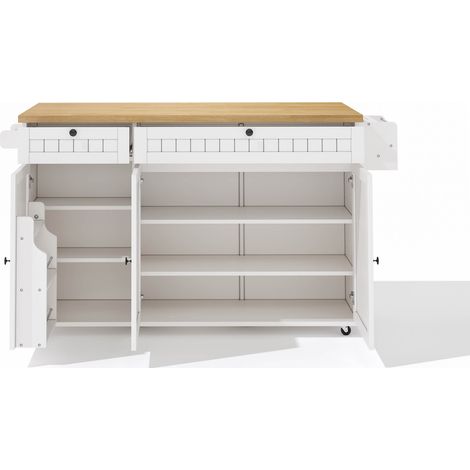Îlot de cuisine mobile blanc avec table pliante, 2 tiroirs, armoire, étagères, 137 x 89,5 x 45 cm (1/5)