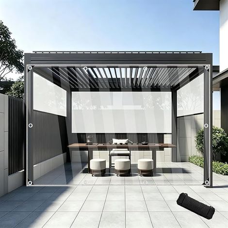 Bâche transparente imperméable et résistante en PVC 420 g/m² avec œillets métalliques et corde, résistante aux déchirures et aux intempéries, pour terrasse, porche, jardin, clôture extérieure - 2 x 6 (1/3)