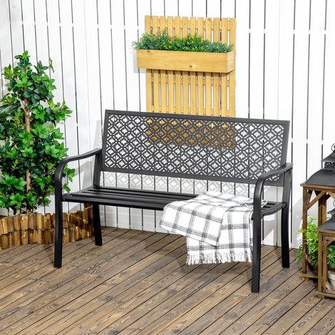 Panchina da giardino in metallo, 2 posti, fantasia floreale, resistente alle intemperie, 127 x 63 x 83 cm, nera