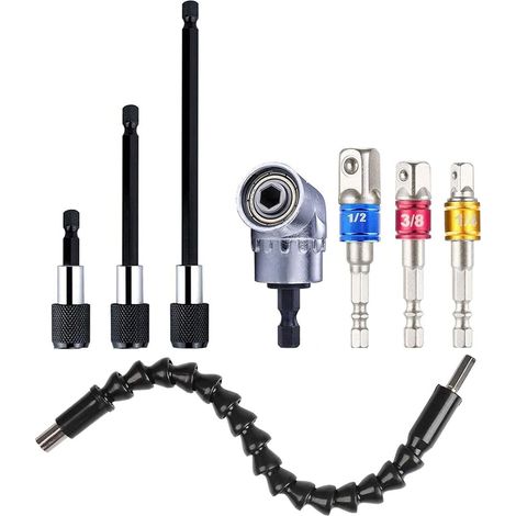 MINKUROW Set Di Utensili Per Trapano Elettrico Da 8 Pezzi, Prolunga Flessibile Per Punta Da Trapano + Adattatore Per Punta Da Trapano Ad Angolo Retto + Punta Da Trapano A Percussione + Adattatore Per (1/5)