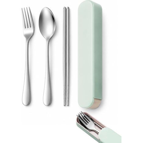 Boîte à Couverts Acier Inoxydable, Set 3 Pièces Vert, Étui Coulissant Compact pour Voyage, Ustensiles Hygiéniques Réutilisables Idéal Pique-nique Bureau (1/5)