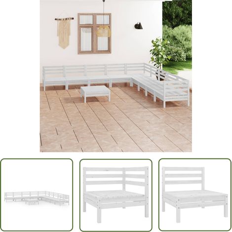 The Living Store Salon de jardin 10 pcs Bois de pin massif Blanc - Salon De Jardin - Ensemble De Salon De Jardin - Fauteuil De Jardin - Table Basse - Bois De Pin (1/5)