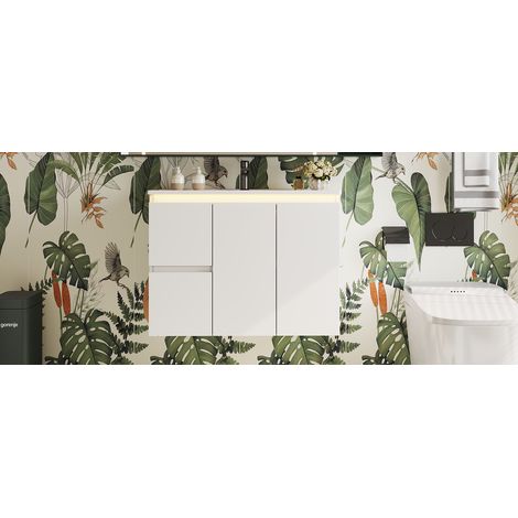 764757cm, meuble vasque mural, entièrement laqué, barre LED à capteur radar, charnières à fermeture douce, lavabo intégré, blanc. (1/5)