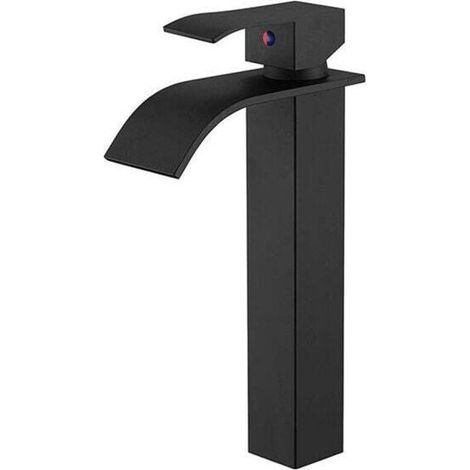 Black Basin Faucet, Tall Bathroom Sink Mixer Tap, Stainless Steel Tap with Large Square Spout, Hot and Cold Water Available, Spout Height 204mm MUMU (1/4)