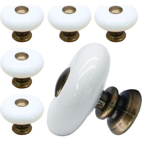 Ensemble de 6 poignées de meuble en céramique blanche — boutons de tiroir ronds et poignées de commode de style vintage, avec embouts et bases en bronze antique — Quincaillerie décorative pour armoire (1/5)
