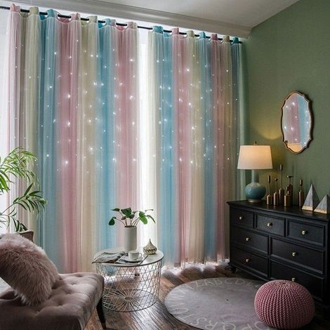 2 Pièces Rideaux Chambre-L132 sur H243 cm-Rose et Bleu Couleurs Dégradé Etoiles Perforées-Rideau Occultant avec Blanc Voilages (1/4)