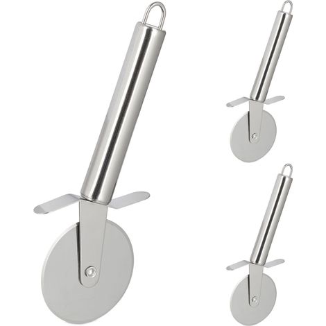 Relaxdays pizza cutter set of 3, sharp stainless steel blade with Ø 6.5 cm, dishwasher safe professional pizza roller, silver (1/5)