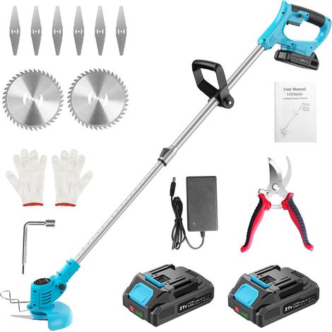 Débroussailleuse Electrique sans Fil 21V, Coupe Bordure sans Fil avec 2 Batteries 2.0Ah, 2 Types de Metal Lames Débroussailleuse Batterie, Sécateur de Jardin, Poignée Réglable pour Élagage (Bleu) (1/5)