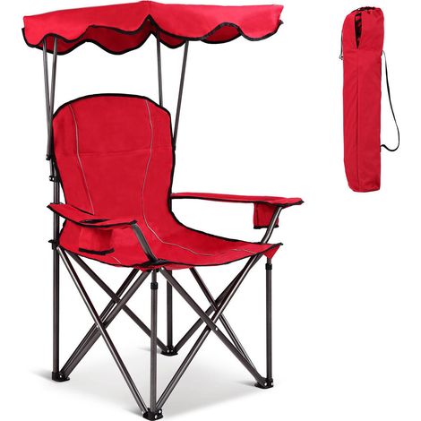 Chaise pliante de plage rouge pour adulte avec auvent réglable, 2 porte-gobelets et poche pour plage, camping et pêche (1/5)