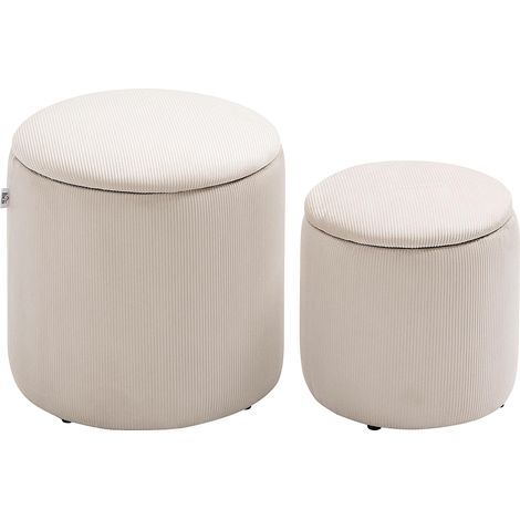 Lot de 2 poufs tabourets repose-pieds coffre de rangement en tissu aspect velours côtelé Ø40 cm et Ø30 cm, crème