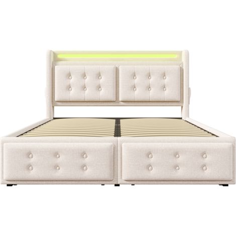 Letto contenitore 160x200 cm con testiera LED, USB-C e 4 cassetti, beige, legno/metallo (1/5)
