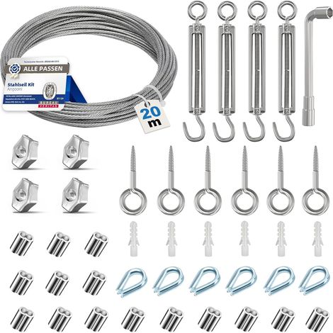 Juego de cable de acero de 35 m, cable de acero de 3 mm de espesor, tensor de cable M5, tensor de cable de acero inoxidable, gancho de pared M5, cable de acero con ojales, soportes para plantas (1/5)