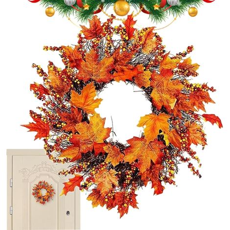 Couronnes d'automne pour Porte D'Entrée Feuilles d'érable et Baies, Couronne d'Automne Thanksgiving de 45 cm Décoration Maison Mur Fenêtre Porche Extérieur Th (1/5)