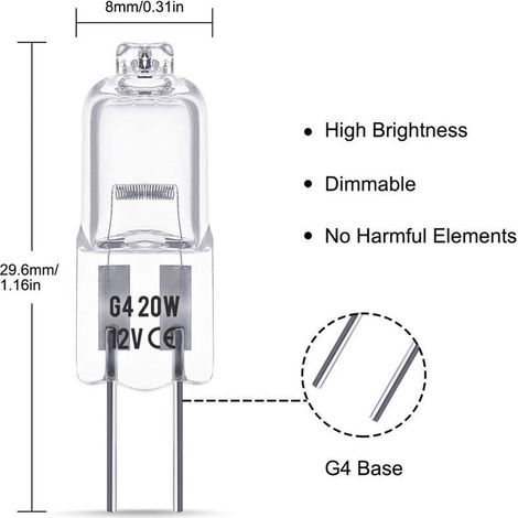 Lampadine alogene G4, 12V 20W, attacco a spina, luce bianca calda 2800K, dimmerabili, a bassa tensione, con capsula trasparente, confezione da 10 pezzi. (1/4)