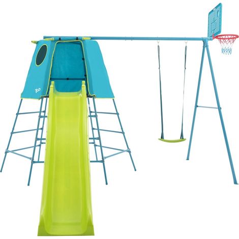 Tp Toys – Aire de jeux métal explorer tour bleu – toboggan 220 cm – balançoire et panier de basket – hauteur 246 cm – pour enfants 3 à 12 ans