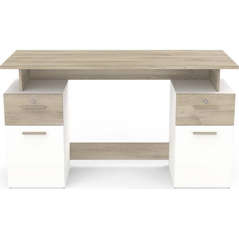 Bureau meuble de rangement 2 tiroirs 2 portes couleur chêne / blanc mat - Largeur 134,8 x Profondeur 55 x Hauteur 76,4 cm (1/5)
