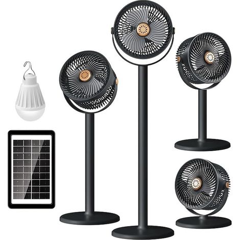 Ventilateur solaire avec panneau et éclairage LED, ventilateur portable 5 vitesses, réglable en hauteur-Noir (1/5)