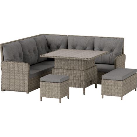 6-Piece Outdoor Rattan Garden Furniture Set, Light Grey Wicker Sectional Sofa with Cushions and Adjustable Coffee Table, 123 x 55 x 84 cm