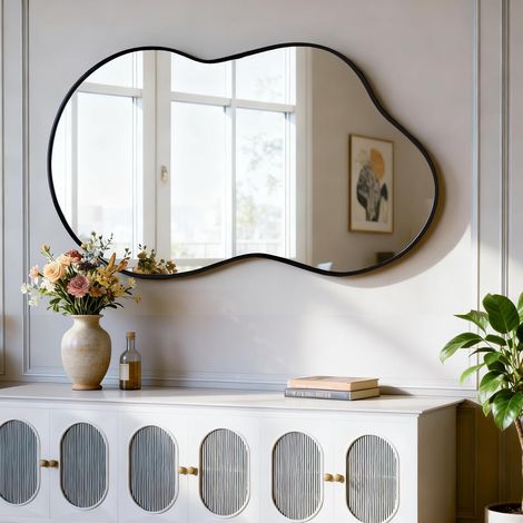 Miroir Mural irrégulier, Miroir asymétrique 50 x 90 cm, Miroir de Salle de Bain Mural Noir, Miroir Moderne pour Salon ou entrée (1/5)