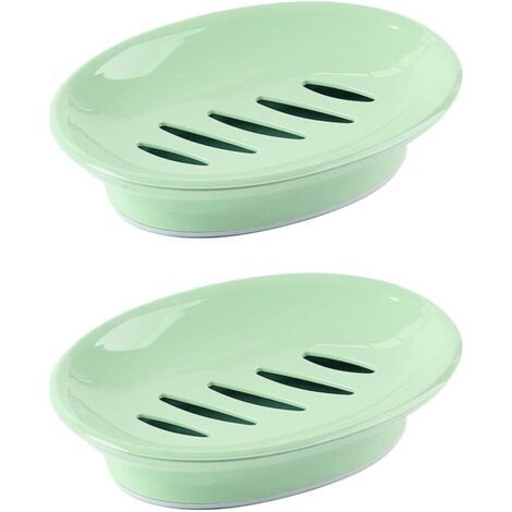 Two green soap dishes, each 15.5 x 11 cm, with drain hose, plastic sponge holder and protective soap tray. (1/5)