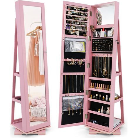 Mobile portagioie girevole 39 x 39 x 161 cm con specchio a figura intera e pratico spazio di archiviazione stile moderno MDF rosa 200019105