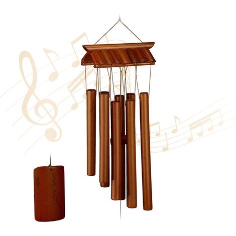 Relaxdays Windspiel Bambus, Klangspiel Tempel-Design, Hängedeko für draußen & drinnen, HxB: 62 x 15 cm, Windorgel, braun