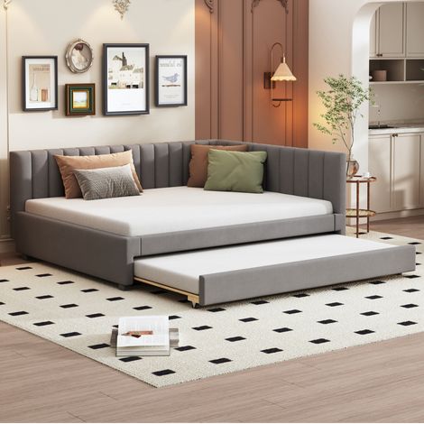 Letto imbottito 140x200 cm grigio in velluto con letto estraibile e rete a doghe (1/5)