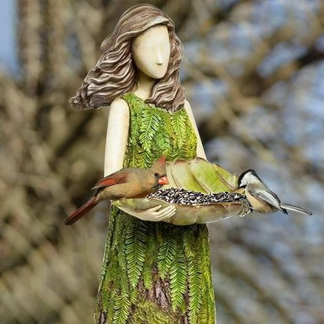 Bain d'oiseaux d'extérieur, statuette de fée Sherwood en résine avec mangeoire, adorable décoration de jardin (1/4)