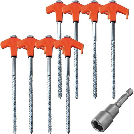 Lot de 8 piquets de tente à visser avec douille hexagonale, vis spirales robustes, pour le camping en extérieur (orange). (1/5)