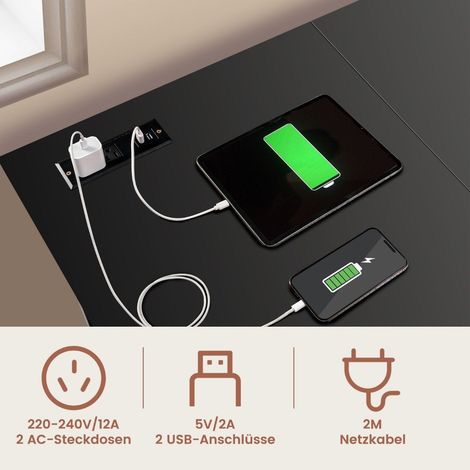 Schreibtisch l form eckschreibtisch mit steckdosen amp usb anschlussen 120 x 120 x 75 cm schwarz