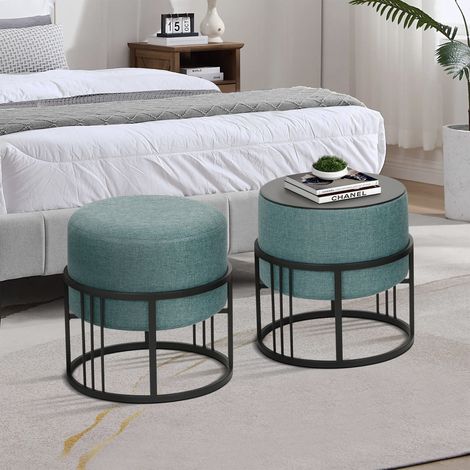 Set 2 Pouf TAS Reversibili Impilabili Seduta Imbottita e Piano Rigido Circolare 38xØ38 cm Verde [en.casa]