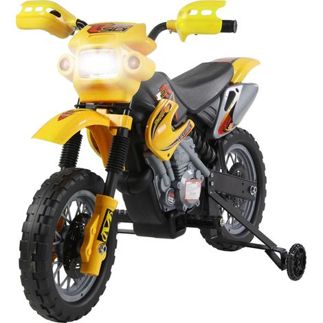 Moto électrique pour enfants, motocross avec batterie 6V, phare, musique et stabilisateurs, pour les enfants de 3 à 6 ans, charge maximale 25 kg, jaune et noir.