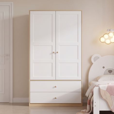 Armoire dressing 100x48x180 cm, 2 portes, 2 tiroirs, tringle, rangement, MDF - Blanc et naturel (1/5)