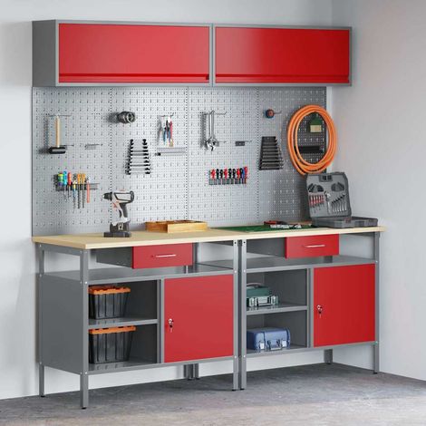 Werkbank-Set 8 pcs Rot und Grau Pulverbeschichteter Stahl
