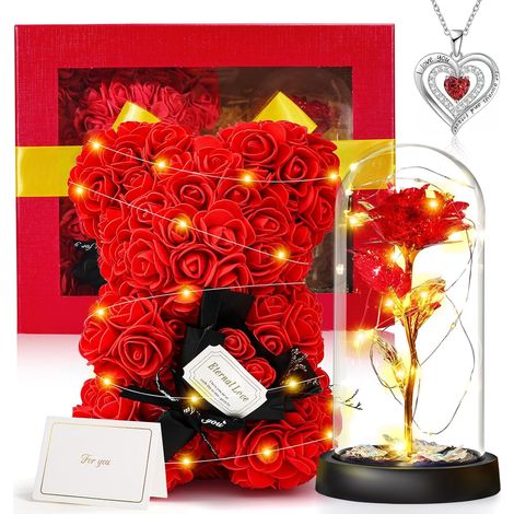 Fleur Eternelle Cadeau Femme, Cadeau Anniversaire pour Elle - Ours en Rose, Rose Eternelle et Collier, Idee Fleur Cadeaux pour Maman Petite Amie Femme À Fête des Mères Anniversaire Saint Valentin (1/5)