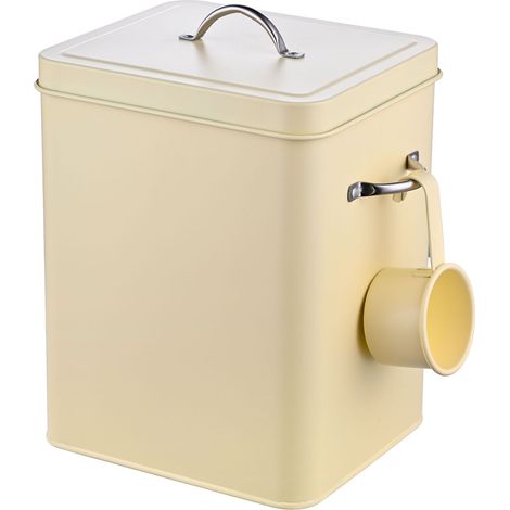 Relaxdays boîte à lessive 6 L, métal, cuillère doseuse, design rétro, couvercle, aussi pour croquettes, beige