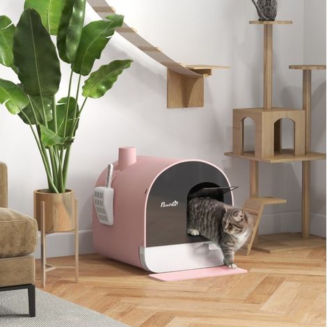 Cassetta igienica chiusa per gatti con paletta e tappetino anti-lettiera, rosa/nera DESVIAE (1/5)