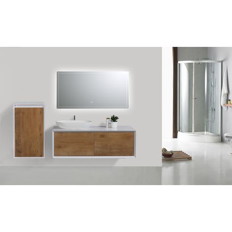 BERNSTEIN - Meuble de salle de bain Fiona 1200 - façade effet béton ou chêne - miroir et colonne de rangement en option Sans miroir, Sans cache couvercle supplémentaire, Sans vasque, Aspect chêne, Ave