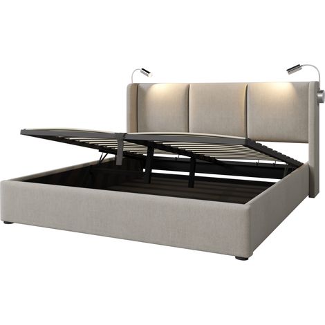 Cama doble tapizada 140x200 con arcón, luz de lectura y USB, lino beige, somier (1/5)