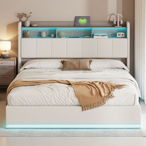 Bett 160x200 cm, Bett 160x200 cm mit Stauraum, USB und Typ C, LED, Bettkasten 160x200 cm, Samtstoff, Weiß