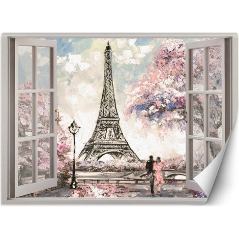 Papier peint fenêtre donnant sur la tour eiffel - 210 x 150 cm