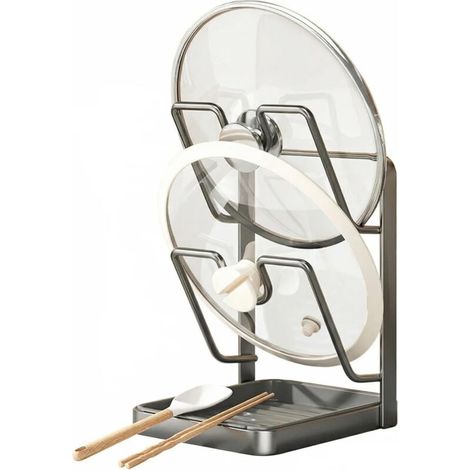 Rangement pour couvercles de casseroles 2 étages, support métallique avec repose-cuillère et bac amovible, gain de place (Gris)
